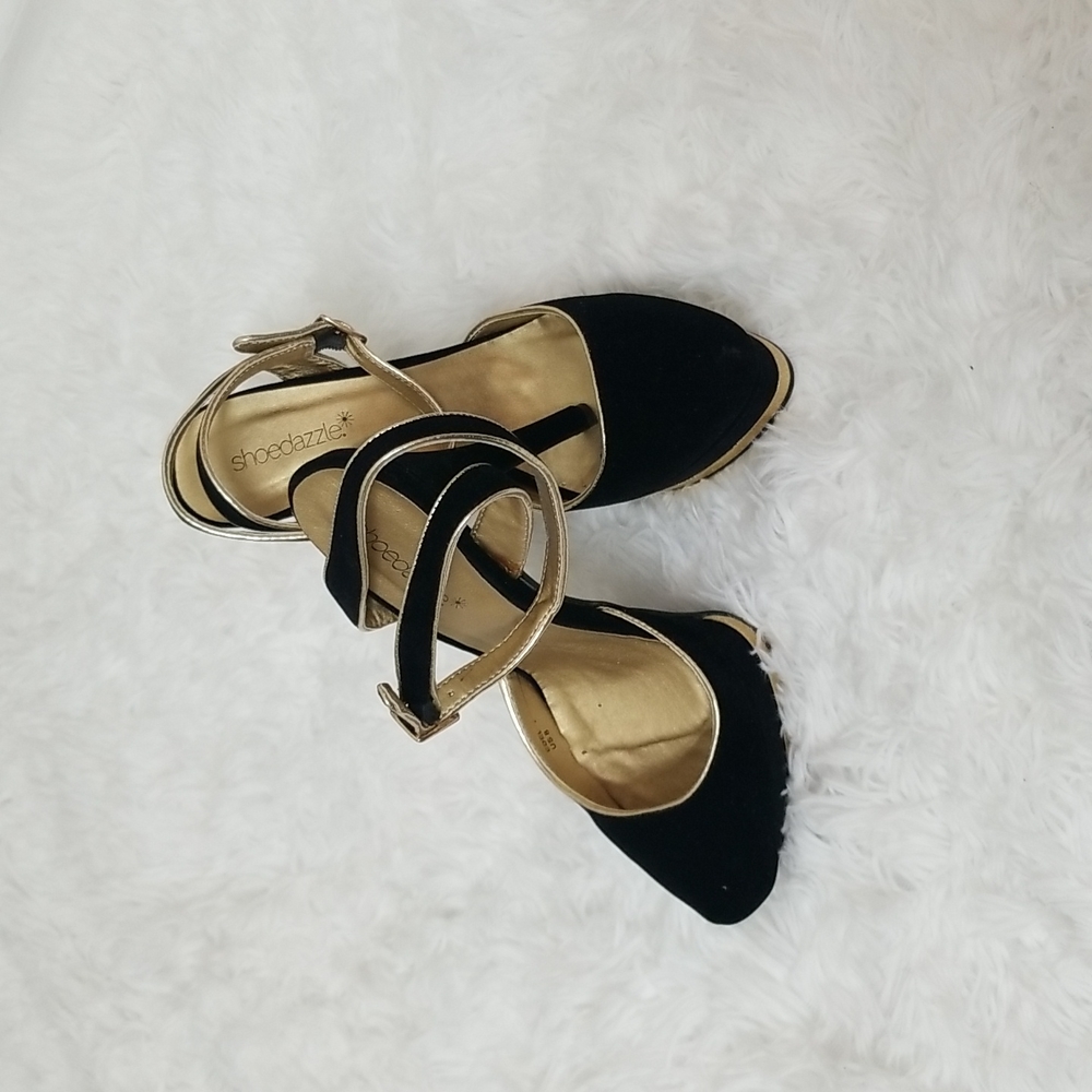 New Shoedazzle Black Suede and  Gold Platform Heels size 8 - Picture 7 of 7